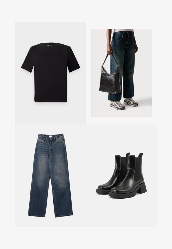 Svart t-skjorte med korte ermer og rund hals, laget av mykt bomullsstoff. Enkelt design, ingen synlige logoer eller mønstre.; Herre høyulde blå denimjeans med vide bein, frontknapp og glidelås, samt front- og baklommer.; Sorte lær Chelsea støvler med en kraftig hæl, elastiske sidepaneler og kontrasterende hvid syning. Teksturert overflate.; Sort skinnveske med en glatt tekstur og justerbar stropp, kombinert med falmede vide jeans og atletiske sneakers.