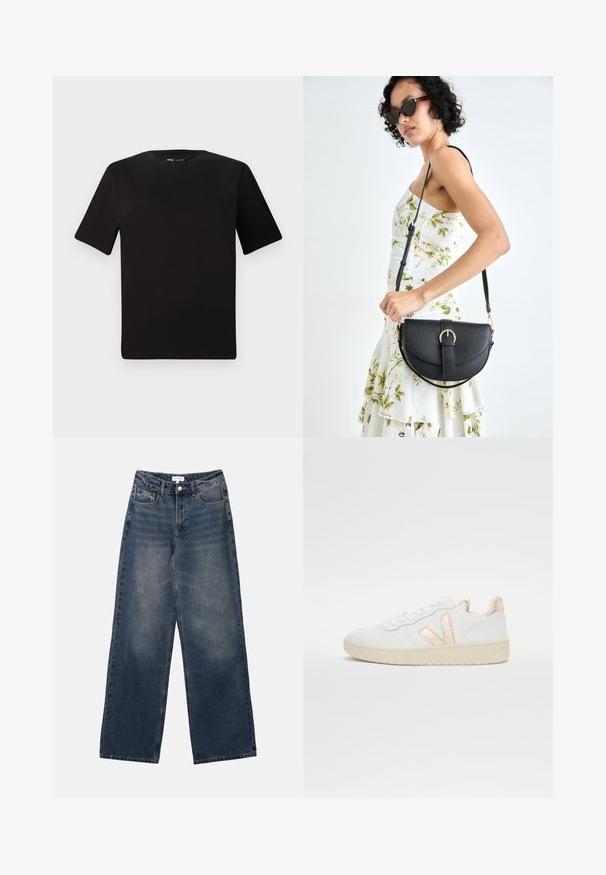 Black short-sleeve t-shirt with a round neckline, crafted from soft cotton fabric. Simple design, no visible logos or patterns.; Men’s high-waist blue denim jeans with wide legs, front button and zipper, and front and back pockets.; White low-top sneakers with perforated texture, featuring metallic rose gold accents on the side and back. Rubber sole.; Black leather handbag with a curved shape, detachable strap, and gold hardware. The bag features a flap with a buckle detail.