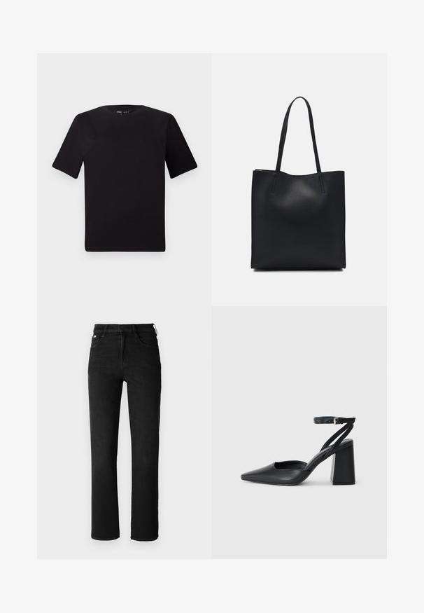 Fekete, rövid ujjú póló, kerek nyakkal, puha pamutból készült. Egyszerű dizájn, nincs látható logó vagy minta.; Fekete farmernadrág, egyenes lábbal, magas derékkal és klasszikus öt zsebes stílussal. Erős, texturált anyagból készült.; Fekete bőr, hegyes orrú magassarkú cipő boka pánttal és vastag sarokkal. Sima textúra, elegáns dizájn és minimális esztétika.; Fekete bőrtáska sima felszínnel, téglalap alakú, két hosszú füllel. Nincs látható fémkiegészítő vagy díszítés.