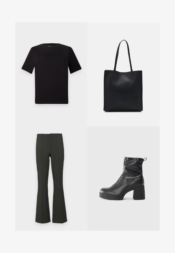 Tricou scurt negru cu mânecă scurtă și guler rotund, realizat dintr-un material de bumbac moale. Design simplu, fără logo-uri sau modele vizibile.; Pantaloni evazați de culoare verde închis, cu o textură cu nervuri, talie înaltă și detalii pe cusătură frontală. Concepuți pentru a oferi o siluetă ajustată.; Bocanci negri de glezna din piele netedă, cu fermoar lateral, toc texturat și masiv, și design cu vârf rotund.; Geantă tote neagră din piele, cu textură netedă, formă rectangulară și două mânere lungi. Fără hardware vizibil sau ornamente.