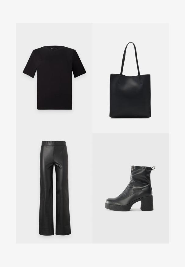 T-shirt noir à manches courtes avec un col rond, fabriqué en coton doux. Design simple, sans logos ni motifs visibles.; Pantalon évasé en faux cuir noir avec une texture lisse, une taille haute et sans matériel ou embellissements visibles. Design de jambe droite.; Bottes noires à la cheville en cuir lisse, dotées d'une fermeture éclair sur le côté, d'un talon épais texturé et d'une conception à bout rond.; Sac fourre-tout en cuir noir avec une texture lisse, de forme rectangulaire et deux longues poignées. Pas de matériel ou d'ornementations visibles.