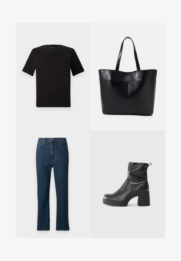 T-shirt preta de mangas curtas com decote redondo, feita de tecido de algodão suave. Design simples, sem logótipos ou padrões visíveis.; Jeans de ganga azul-escuro com corte reto, apresentando um fecho de botão, cinco bolsos e costura em contraste. Textura suave.; Botas de tornozelo pretas feitas de couro liso, com fecho lateral, salto grosso texturizado e design de bico arredondado.; Bolsa tote preta em couro com duas alças longas, textura suave e forma estruturada. Apresenta um bolso frontal para armazenamento adicional.