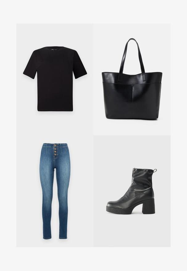 Camiseta negra de manga corta con cuello redondo, fabricada en suave algodón. Diseño simple, sin logos ni patrones visibles.; Jeans de mezclilla azul de tiro alto con una silueta ajustada, cierre de cinco botones y un ligero desgastado en los muslos. Diseño clásico de cinco bolsillos.; Botines negros de tobillo, hechos de cuero suave, con cierre lateral, tacón grueso texturizado y diseño de punta redondeada.; Bolso tote de cuero negro con dos asas largas, textura suave y forma estructurada. Cuenta con un bolsillo frontal para almacenamiento adicional.