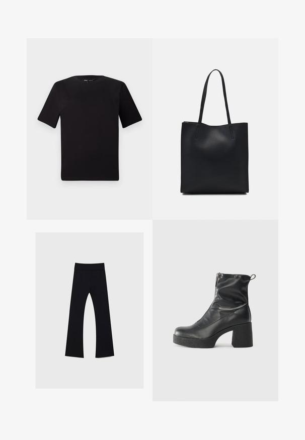Černé tričko s krátkým rukávem a kulatým výstřihem, vyrobené z měkké bavlněné látky. Jednoduchý design, žádné viditelné logo nebo vzory.; Černé jogínské kalhoty s vysokým pasem, vyrobené z elastického materiálu, s rozšířeným nohavicovým designem a hladkým povrchem po celé délce.; Černé kotníkové boty vyrobené z hladké kůže, s bočním zipem, robustním strukturovaným podpatkem a kulatou špičkou.; Černá kožená taška přes rameno s hladkým povrchem, obdélníkovým tvarem a dvěma dlouhými uchy. Žádné viditelné kování ani ozdoby.