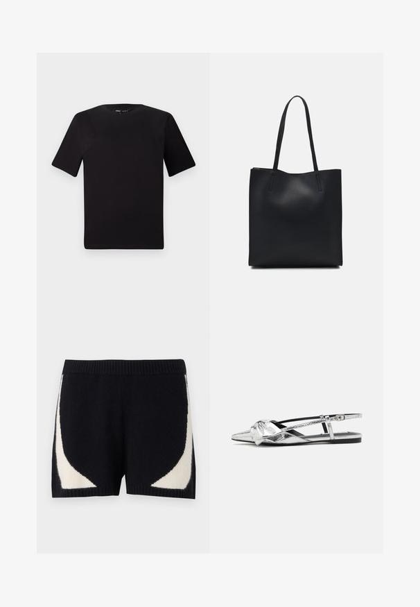 Black short-sleeve t-shirt with a round neckline, crafted from soft cotton fabric. Simple design, no visible logos or patterns.; Knit shorts in black with contrasting cream geometric patterns on the sides. Features a ribbed waistband and soft texture.; Silver metallic slingback flats with a pointed toe, featuring a knot detail on the front and an adjustable strap for secure fit.; Black leather tote bag with smooth texture, rectangular shape, and two long handles. No visible hardware or embellishments.