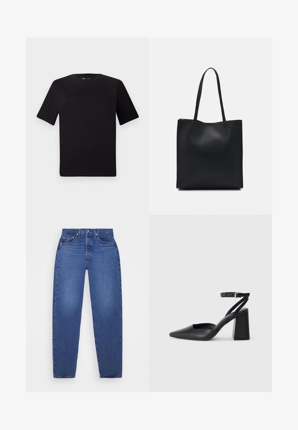 T-shirt preta de mangas curtas com decote redondo, feita de tecido de algodão suave. Design simples, sem logótipos ou padrões visíveis.; Calças de ganga azul com corte reto, cinco bolsos, rebites de cobre e uma textura desbotada. Cintura clássica com fecho de correr.; Sandal com biqueira afilada em couro preto, com cinta no tornozelo e salto grosso. Textura lisa, design elegante e estética minimalista.; Bolsa tote preta em couro com textura lisa, forma retangular e duas alças longas. Sem hardware ou enfeites visíveis.