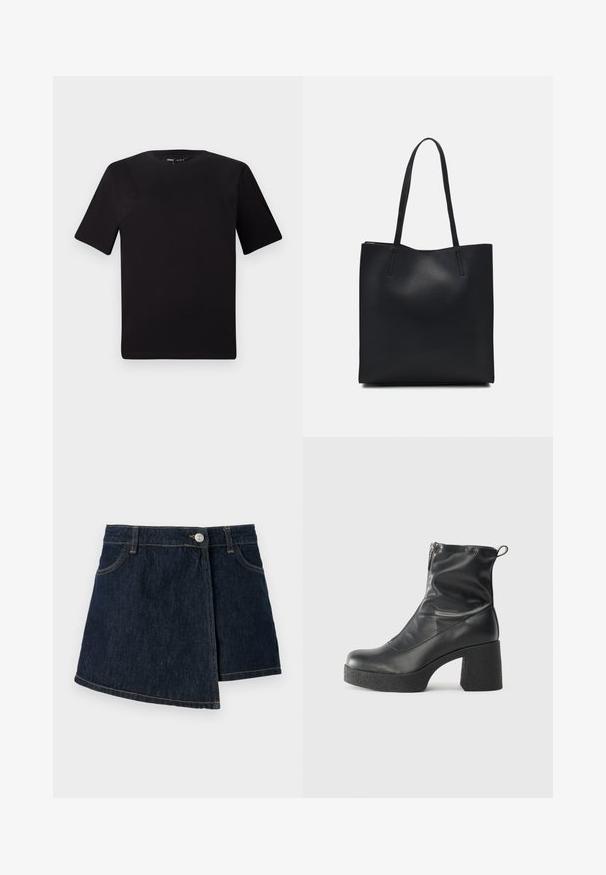 Crna majica kratkih rukava s okruglim izrezom, izrađena od mekane pamučne tkanine. Jednostavan dizajn, bez vidljivih logotipa ili uzoraka.; Traper suknja tamnog pranja, A-linija, prednje dugme za zatvaranje i suptilni šavovi. Sadrži dizajn koji se omotava sa strane.; Crne gležnjače od glatke kože, s bočnim zatvaračem, debelim teksturiranim potplatom i dizajnom s zaobljenim prstima.; Crna kožna torba za nošenje s glatkom teksturom, pravokutnim oblikom i dvije duge ručke. Nema vidljivih metalnih dijelova ili ukrasa.
