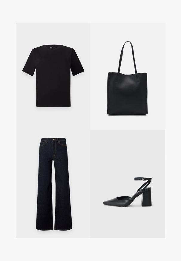 Černé tričko s krátkým rukávem a kulatým výstřihem, vyrobené z měkké bavlněné látky. Jednoduchý design, žádné viditelné logo nebo vzory.; Tmavě modré široké džíny vyrobené z denimu, se zvýšeným pasem, kontrastním prošíváním a jedním kovovým knoflíkem vpředu.; Černé kožené lodičky se špičatou špičkou, kotníkovým páskem a silným podpatkem. Hladká textura, elegantní design a minimalistická estetika.; Černá kožená taška přes rameno s hladkým povrchem, obdélníkovým tvarem a dvěma dlouhými uchy. Žádné viditelné kování ani ozdoby.