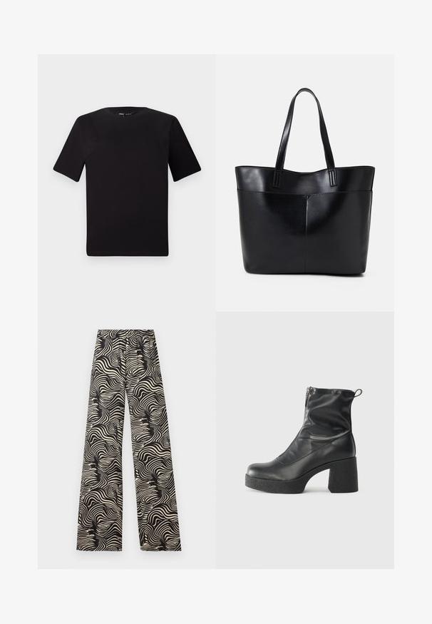 Črna majica s kratkimi rokavi in okroglim izrezom, izdelana iz mehkega bombažnega materiala. Preprost dizajn, brez vidnih logotipov ali vzorcev.; Hlače širokih nogavica v enobarvnem vijugastem vzorcu. Material izgleda lahko in ima teksturiran finiš; vsebuje visok elastičen pas.; Črne gležnjarje iz gladke kože z božnim zadrgo, masivnim teksturiranim peto in zaobljeno obliko prstov.; Črna usnjena torba z dvema dolgima ročajema, gladko teksturo in strukturirano obliko. Ima sprednji žep za dodatno shranjevanje.