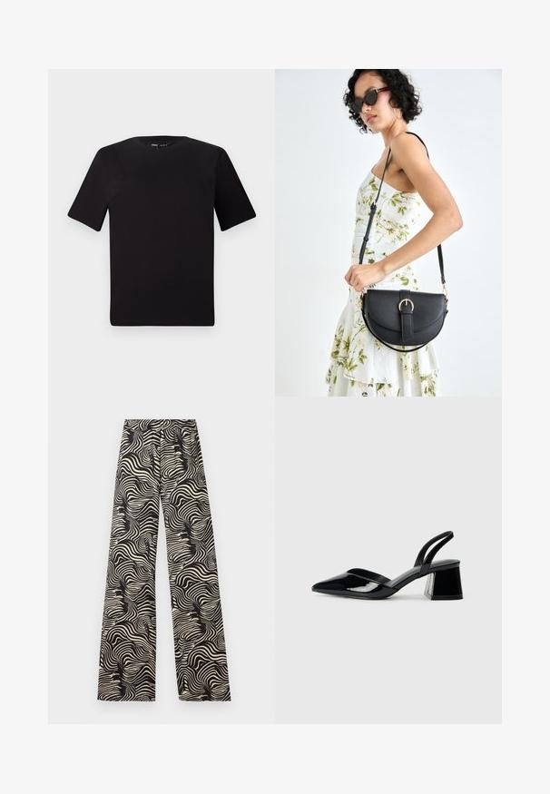 Črna majica s kratkimi rokavi in okroglim izrezom, izdelana iz mehkega bombažnega materiala. Preprost dizajn, brez vidnih logotipov ali vzorcev.; Hlače širokih nogavica v enobarvnem vijugastem vzorcu. Material izgleda lahko in ima teksturiran finiš; vsebuje visok elastičen pas.; Črne lakirane slingback pete s koničastim nosom in geometrijsko blokasto peto. Imajo eleganten, minimalističen dizajn in gladko teksturo.; Črna usnjena torbica s ukrivljeno obliko, z odstranljivo naramnico in zlatimi dodatki. Torbica ima pokrov s podrobnostmi v obliki zaponke.