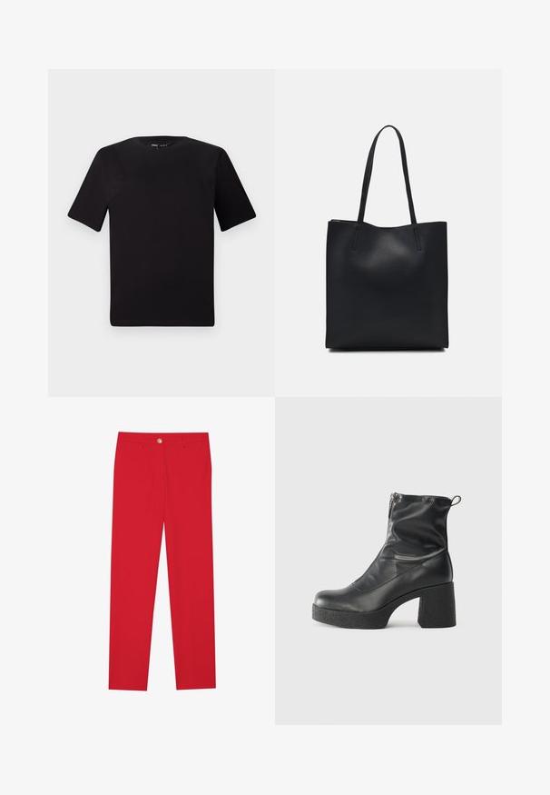 Schwarzes T-Shirt mit kurzen Ärmeln und Rundhalsausschnitt, aus weichem Baumwollmaterial gefertigt. Schlichtes Design, keine sichtbaren Logos oder Muster.; Rote Hose mit geradem Schnitt, flachem Bund, einem Knopfverschluss und zwei Seitentaschen. Glattes Material ohne sichtbare Muster oder Akzente.; Schwarze Stiefeletten aus glattem Leder mit seitlichem Reißverschluss, klobigem strukturiertem Absatz und runder Zehenform.; Schwarze Laptoptasche aus Leder mit glatter Textur, rechteckiger Form und zwei langen Griffen. Keine sichtbaren Beschläge oder Verzierungen.