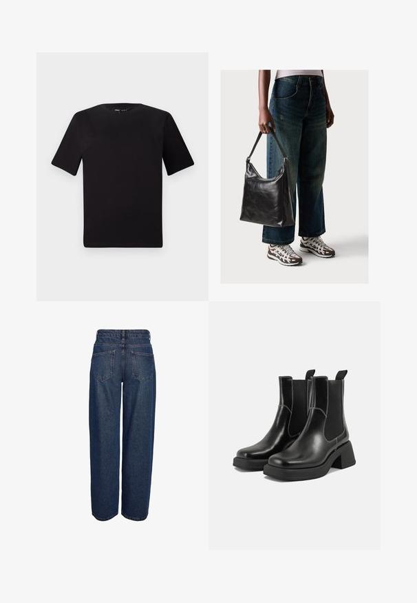 T-shirt preta de mangas curtas com decote redondo, feita de tecido de algodão suave. Design simples, sem logótipos ou padrões visíveis.; Calças de ganga azuis com cintura alta, perna larga e dois bolsos traseiros. A costura é visível ao longo das costuras e da faixa da cintura.; Botas Chelsea em couro preto com um salto grosso, painéis laterais elásticos e costura branca em contraste. Acabamento texturizado.; Bolsa de ombro em couro preto com textura suave e alça ajustável, combinada com jeans de perna larga desbotados e ténis desportivos.