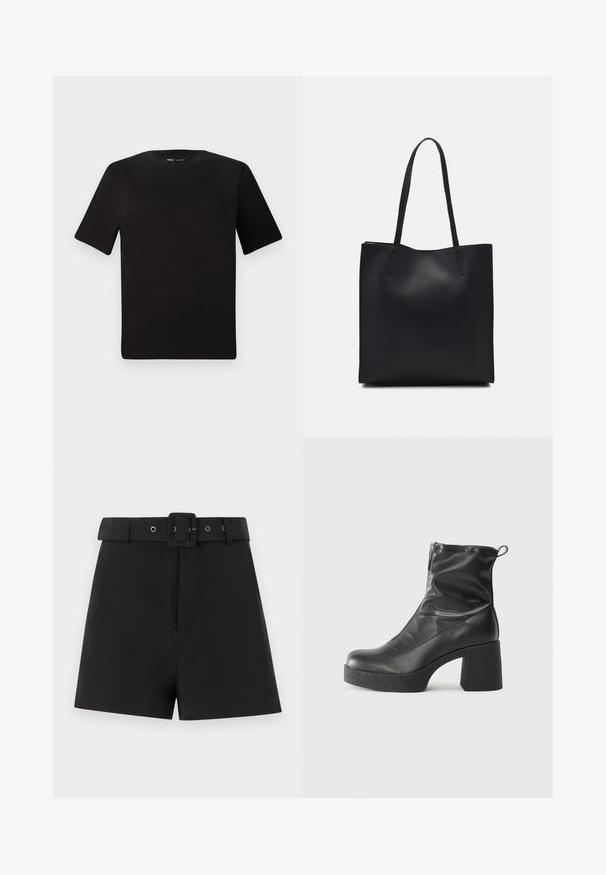 T-shirt noir à manches courtes avec un col rond, fabriqué en coton doux. Design simple, sans logos ni motifs visibles.; Shorts noirs en tissu lisse avec une large ceinture à passants et une fermeture à boucle carrée, conçus avec une coupe ajustée.; Bottes noires à la cheville en cuir lisse, dotées d'une fermeture éclair sur le côté, d'un talon épais texturé et d'une conception à bout rond.; Sac fourre-tout en cuir noir avec une texture lisse, de forme rectangulaire et deux longues poignées. Pas de matériel ou d'ornementations visibles.