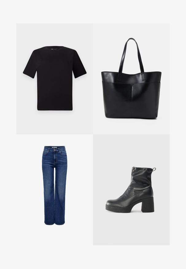 T-shirt preta de mangas curtas com decote redondo, feita de tecido de algodão suave. Design simples, sem logótipos ou padrões visíveis.; Calças de ganga de cintura alta e perna larga em tom azul escuro, com fecho de botão, cinco bolsos e detalhes em costura contrastante.; Botas de tornozelo pretas feitas de couro liso, com fecho lateral, salto grosso texturizado e design de bico arredondado.; Bolsa tote preta em couro com duas alças longas, textura suave e forma estruturada. Apresenta um bolso frontal para armazenamento adicional.