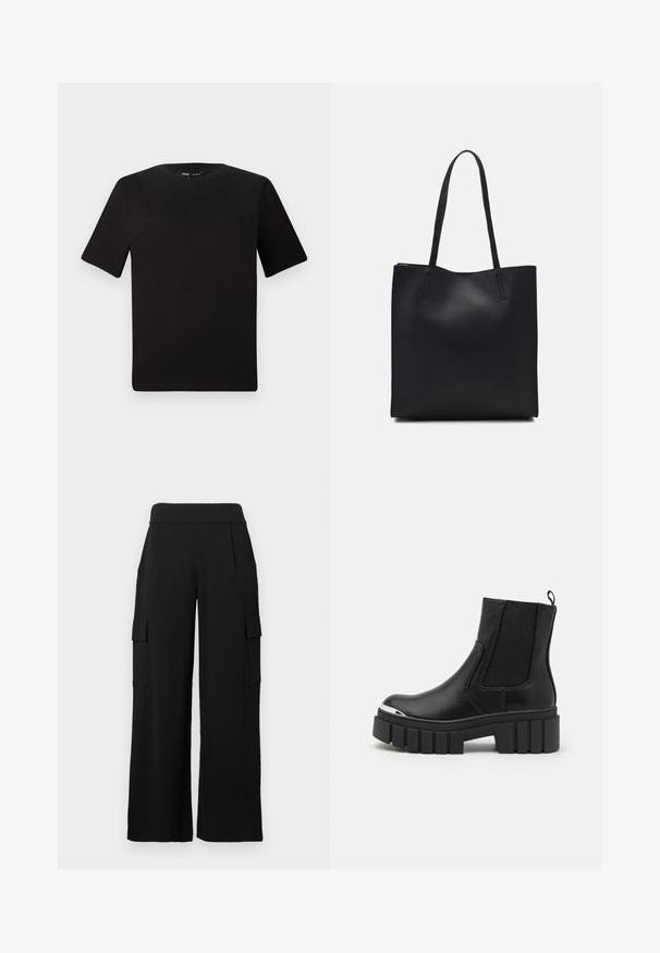 Čierne tričko s krátkym rukávom a okrúhlym výstrihom, vyrobené z mäkkej bavlny. Jednoduchý dizajn, bez viditeľných log alebo vzorov.; Čierne cargo nohavice so širokými nohavicami, vyrobené z hladkej, elastickej tkaniny. Majú dve bočné vrecká so záklopkami a vysoký pás.; Čierne členkové čižmy vyrobené z hladkej kože s elastickými panelmi, hrubou platformovou podrážkou a kovovou špičkou.; Čierna kožená taška na rameno s hladkým povrchom, obdĺžnikovým tvarom a dvoma dlhými uchami. Bez viditeľného kovania alebo ozdôb.