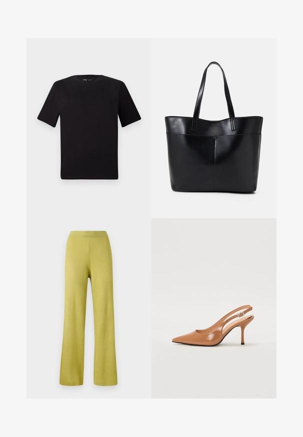 Fekete, rövid ujjú póló, kerek nyakkal, puha pamutból készült. Egyszerű dizájn, nincs látható logó vagy minta.; Sárga bordázott kötött nadrág, laza fit, széles lábakkal és rugalmas derékkal. A textúra lágy és rugalmas.; Fingerszűk, hegyes orrú, háttámlás sarokcipő sima, fényes barnás anyagból. Íves kivágású dizájn és karcsú stiletto sarkú. Ezüst csattal ellátva.; Fekete bőr bevásárlótáska két hosszú fogantyúval, sima felülettel és strukturált formával. Elülső zseb található rajta a plusz tárolás érdekében.