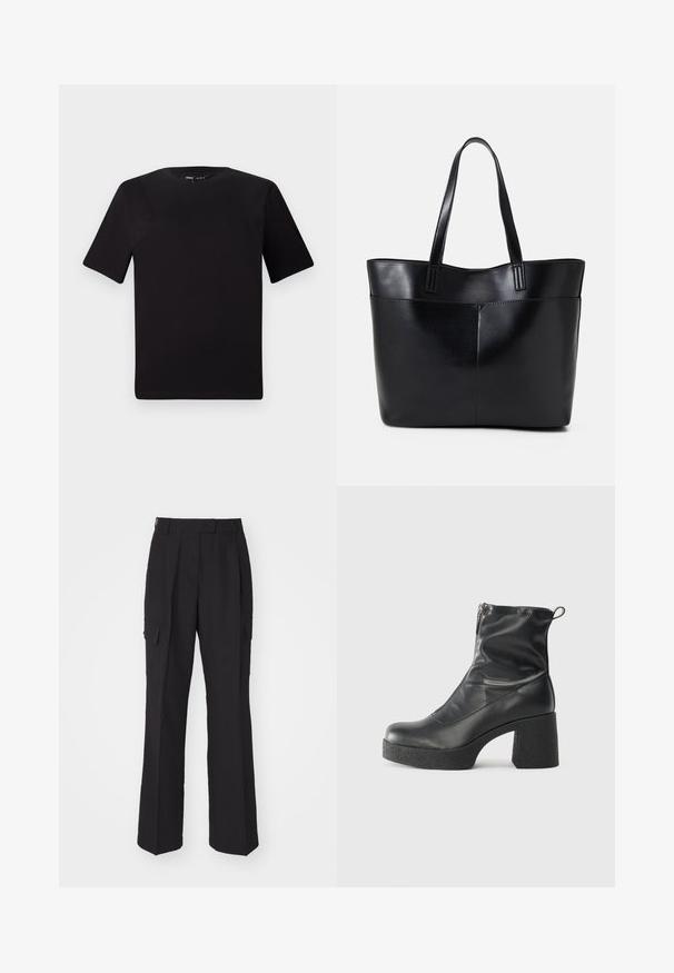 Juodas trumpas rankovės marškinėlis su apvaliu iškirpimu, pagamintas iš minkštos medvilnės medžiagos. Paprastas dizainas, be matomų logotipų ar raštų.; Juodi cargo kelnės tiesaus kirpimo, pagamintos iš glotnaus medžiagos. Yra dvi šoninės kišenės ir švarus liemens juostos dizainas.; Juodos kulkšninių botai, pagaminti iš lygaus odos, su šoniniu užtrauktuku, masyviu tekstūruotu kulnu ir apvaliu pirštu.; Juoda odinė rankinė su dviem ilgais diržais, lygiu paviršiumi ir struktūrizuota forma. Yra priekinė kišenė papildomam saugojimui.