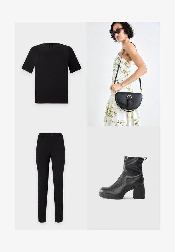 Musta lyhythihainen t-paita pyöreällä kaula-aukolla, valmistettu pehmeästä puuvillakankaasta. Yksinkertainen malli, ei näkyviä logoja tai kuvioita.; Mustat stretch-housut, joissa on slim fit -leikkaus, nappi kiinnitys, vyölenkit ja sivutaskut. Sileä pinta ja yksivärinen muotoilu.; Mustat nilkkurit, jotka on valmistettu sileästä nahasta. Niissä on sivuvetoketju, paksu teksturoitu korko ja pyöristetty kärki.; Musta nahkainen käsilaukku, joka on kaareva muotoilultaan, irrotettavalla hihnalla ja kultaisilla yksityiskohdilla. Laukussa on läppä, jossa on solk yksityiskohta.