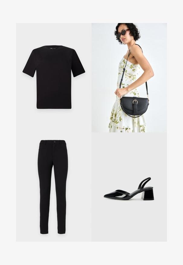 Camiseta negra de manga corta con cuello redondo, fabricada en suave algodón. Diseño simple, sin logos ni patrones visibles.; Pantalones de stretch negros con un ajuste slim, que presentan un cierre de botón, trabillas para el cinturón y bolsillos laterales. Textura suave con un diseño de color sólido.; Zapatos de tacón slingback de charol negro con punta afilada y tacón geométrico en bloque. Presentan un diseño elegante y minimalista, así como una textura suave.; Bolso de piel negra con forma curva, correa desmontable y herrajes dorados. El bolso cuenta con una solapa con un detalle de hebilla.