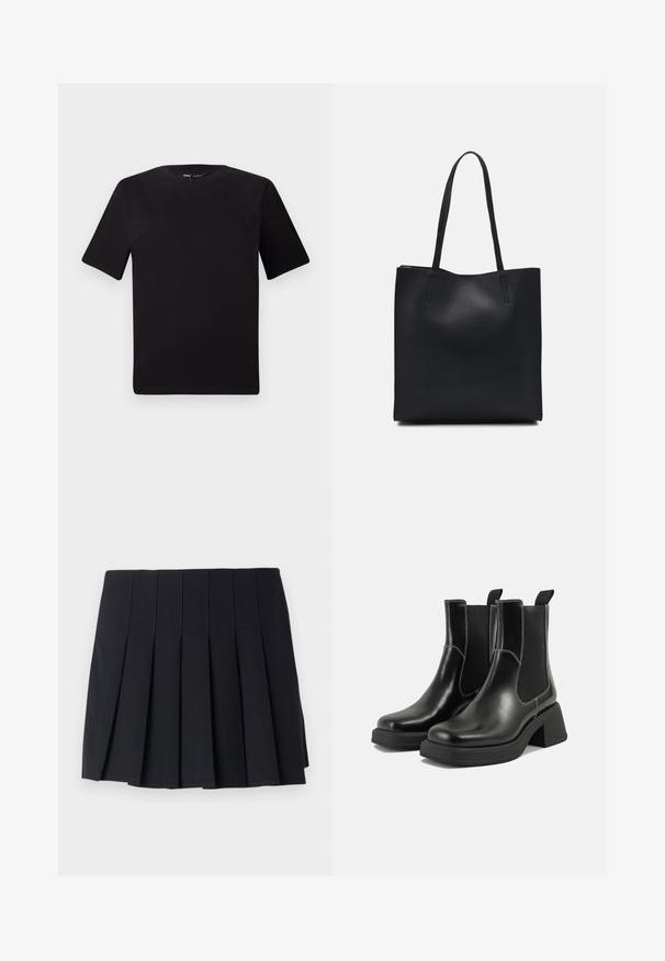 T-shirt preta de mangas curtas com decote redondo, feita de tecido de algodão suave. Design simples, sem logótipos ou padrões visíveis.; Saia preta pregueada feita de um tecido suave. Apresenta costuras verticais e uma cinta elástica para maior conforto. Comprimento até a metade da coxa, design minimalista.; Botas Chelsea em couro preto com um salto grosso, painéis laterais elásticos e costura branca em contraste. Acabamento texturizado.; Bolsa tote preta em couro com textura lisa, forma retangular e duas alças longas. Sem hardware ou enfeites visíveis.