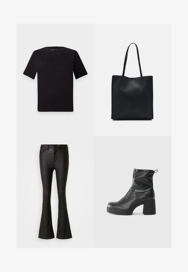 Fekete, rövid ujjú póló, kerek nyakkal, puha pamutból készült. Egyszerű dizájn, nincs látható logó vagy minta.; Fekete, harangszárú farmernadrág fényes, sima anyagból. Magas derékkal, elülső zsebekkel és cipzáros, gombos záródással rendelkezik.; Fekete bokacsizmák sima bőrből, oldalsó cipzárral, vastag, texturált sarkú és lekerekített orrú dizájnnal.; Fekete bőrtáska sima felszínnel, téglalap alakú, két hosszú füllel. Nincs látható fémkiegészítő vagy díszítés.