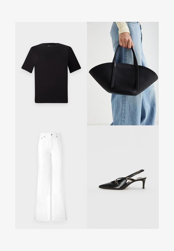 Sort kortærmet t-shirt med rund halsudskæring, lavet af blødt bomuldsstof. Enkel design, ingen synlige logoer eller mønstre.; Hvide denim flared jeans med høj talje, fem lommer og metalknaplukning. Glat tekstur, enkelt design; lige ben der smalner ind ved kanten.; Sort læderslippersko med spids tå, der har tynde stropper og metalliske spænder, på en 6 cm taperet hæl. Glat tekstur.; Sort læderhåndtaske med en unik vifteform, der har flade håndtag. Overfladen har en pebblelignende tekstur og et minimalistisk design.
