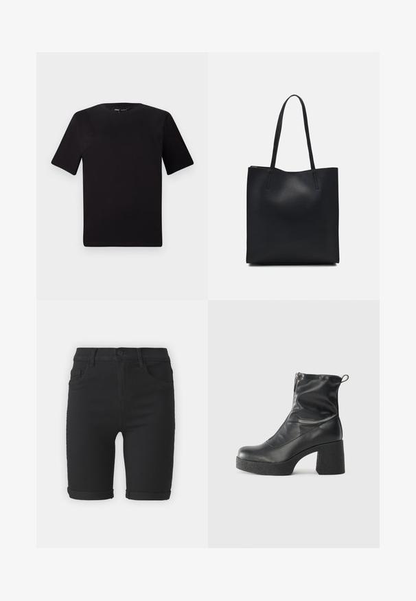 Black short-sleeve t-shirt with a round neckline, crafted from soft cotton fabric. Simple design, no visible logos or patterns.; Black denim shorts with a straight cut, featuring rolled hems, front pockets, and a button closure. Smooth texture and minimalistic design.; Black ankle boots made of smooth leather, featuring a side zipper, chunky textured heel, and rounded toe design.; Black leather tote bag with smooth texture, rectangular shape, and two long handles. No visible hardware or embellishments.