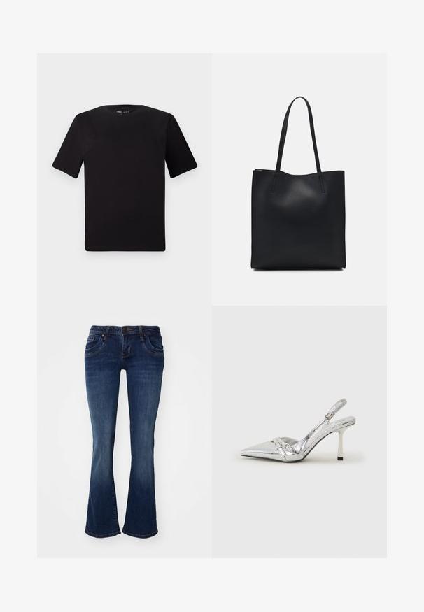 Svart t-skjorte med korte ermer og rund hals, laget av mykt bomullsstoff. Enkelt design, ingen synlige logoer eller mønstre.; Mørkeblå denim flared jeans med mid-rise liv, fem lommer og subtile sømdetaljer ved sømmene og lommekantene.; Sølv slingback høyhelte sko med spiss tå, metallisk finish, to dekorative stropper, og en slank hæl med svart tupp.; Svart lær tote bag med glatt tekstur, rektangulær form og to lange håndtak. Ingen synlige deler eller dekorasjoner.