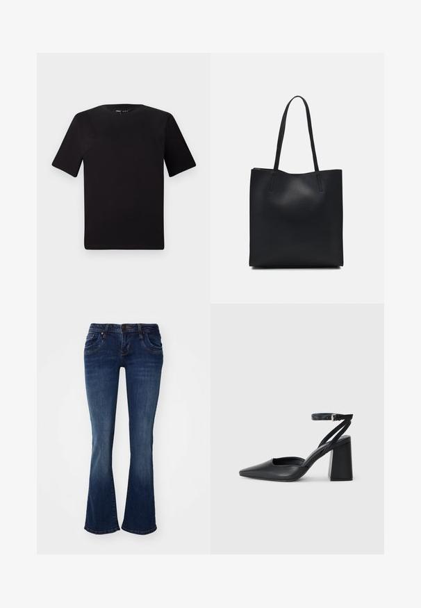 Czarna koszulka z krótkim rękawem o okrągłym dekolcie, wykonana z miękkiej bawełny. Prosty design, bez widocznych logo ani wzorów.; Granatowe dżinsy w stylu dzwonów z średnim stanem, pięcioma kieszeniami i subtelnymi szwami na szwach oraz brzegach kieszeni.; Czarne skórzane czółenka z ostrym noskiem, z paskiem na kostce i grubym obcasem. Gładka faktura, elegancki design i minimalistyczna estetyka.; Czarna skórzana torba tote o gładkiej fakturze, prostokątnym kształcie i dwóch długich uchwytach. Brak widocznych elementów metalowych i ozdób.