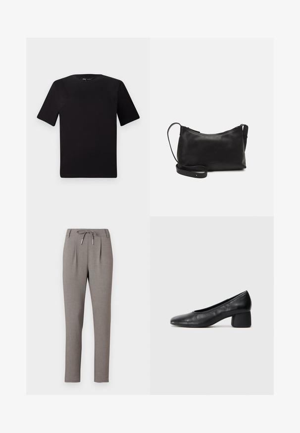 Crna majica kratkih rukava s okruglim izrezom, izrađena od mekane pamučne tkanine. Jednostavan dizajn, bez vidljivih logotipa ili uzoraka.; Sive krojene hlače s pojasom na vezanje. Imaju prednje nabore i slim fit kroj. Tkanina ima glatku teksturu.; Crna kožna pumpica s okruglim vrhom i srednje blok petom. Glatka tekstura s minimalnim detaljima, s suptilnim elastičnim otvaranjem.; Crna kožna torba na rame s glatkom teksturom, zakrivljenim oblikom, podesivim remenom i zatvaranjem na patentni zatvarač. Minimalistički dizajn bez ukrasa.