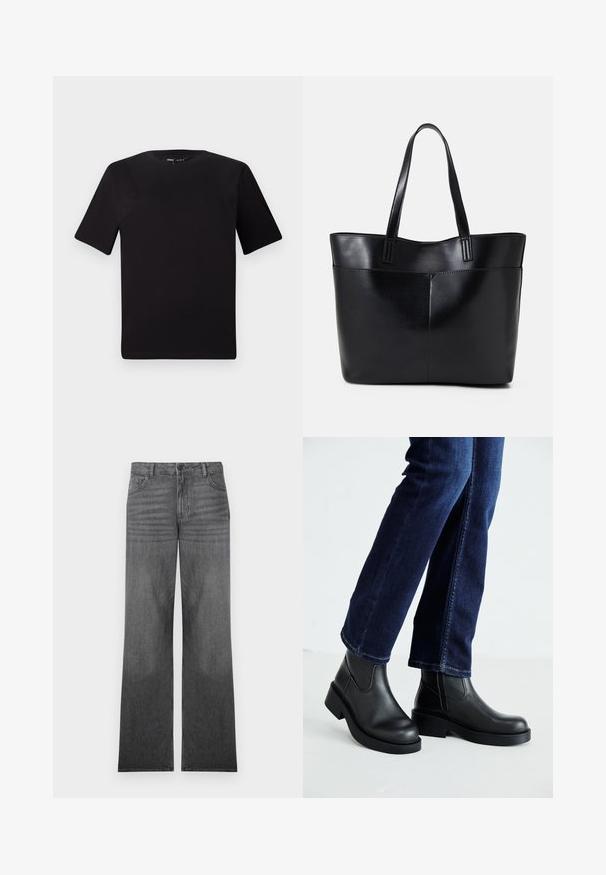 Black short-sleeve t-shirt with a round neckline, crafted from soft cotton fabric. Simple design, no visible logos or patterns.; Grey denim wide-leg jeans with a medium wash, featuring a five-pocket design, front button closure, and subtle seam detailing.; Black leather ankle boots with a chunky sole and side elastic panels, paired with dark blue jeans. The ground is light-colored.; Black leather tote bag with two long handles, a smooth texture, and a structured shape. Features a front pocket for additional storage.