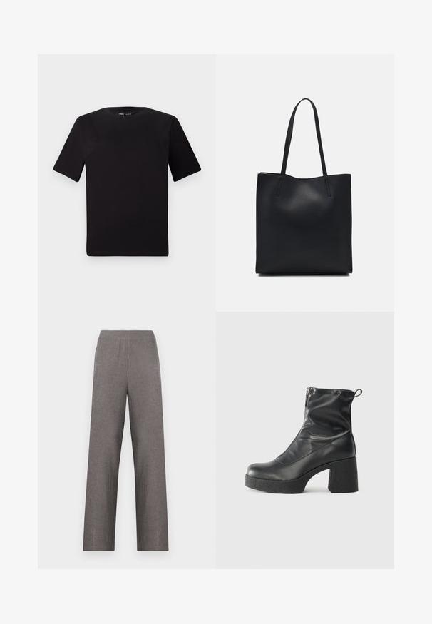 T-shirt noir à manches courtes avec un col rond, fabriqué en coton doux. Design simple, sans logos ni motifs visibles.; Pantalons larges gris en tissu texturé avec une taille élastique. Le design présente une silhouette droite simple sans poches.; Bottes noires à la cheville en cuir lisse, dotées d'une fermeture éclair sur le côté, d'un talon épais texturé et d'une conception à bout rond.; Sac fourre-tout en cuir noir avec une texture lisse, de forme rectangulaire et deux longues poignées. Pas de matériel ou d'ornementations visibles.