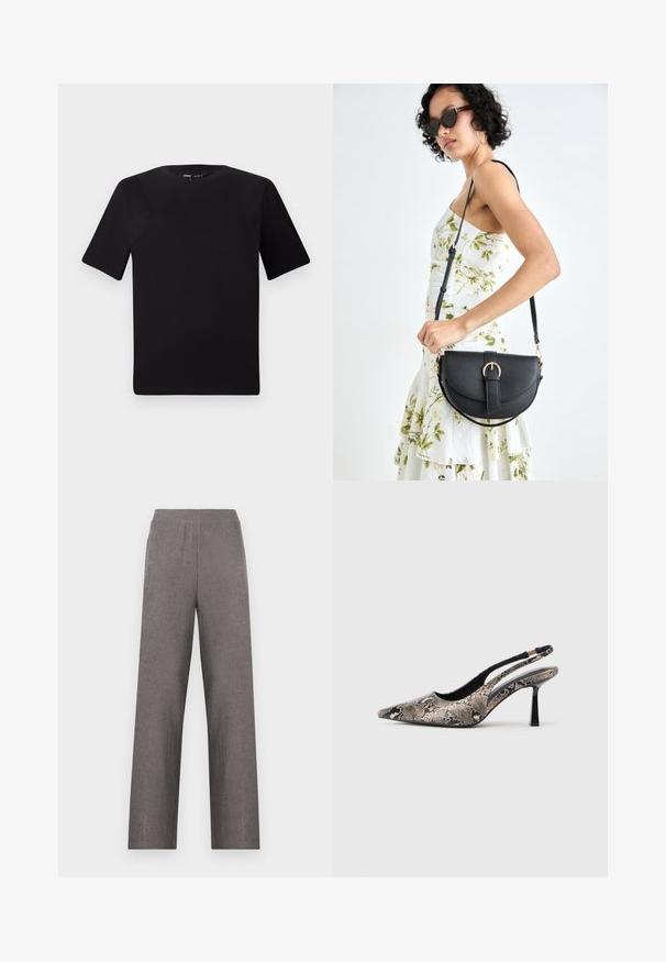 Camiseta negra de manga corta con cuello redondo, fabricada en suave algodón. Diseño simple, sin logos ni patrones visibles.; Pantalones de pierna ancha grises con una tela texturizada y cinturilla elástica. El diseño presenta una silueta simple y recta sin bolsillos.; Zapatos slingback de punta afilada fabricados con un material de estampado de serpiente texturizado, con un delgado tacón negro y un diseño recortado en los laterales.; Bolso de piel negra con forma curva, correa desmontable y herrajes dorados. El bolso cuenta con una solapa con un detalle de hebilla.