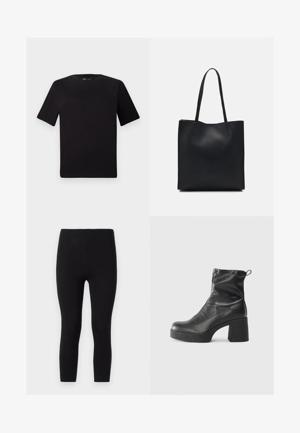 Μαύρο κοντομάνικο μπλουζάκι με στρογγυλή λαιμόκοψη, κατασκευασμένο από απαλό βαμβακερό ύφασμα. Απλός σχεδιασμός, χωρίς ορατά λογότυπα ή μοτίβα.; Μαύρες κολάν φτιαγμένες από ελαστικό ύφασμα. Διαθέτουν ραφή χωρίς ραφή στη μέση και εφαρμοστό σχέδιο μέχρι τον αστράγαλο με λεία υφή.; Μαύρες μποτές μέχρι τον αστράγαλο από λείο δέρμα, με πλευρικό φερμουάρ, χοντρό υφασμάτινο τακούνι και στρογγυλή μύτη.; Μαύρη δερμάτινη τσάντα tote με λείο υφή, ορθογώνιο σχήμα και δύο μακριές λαβές. Χωρίς ορατό υλικό ή διακοσμητικά στοιχεία.