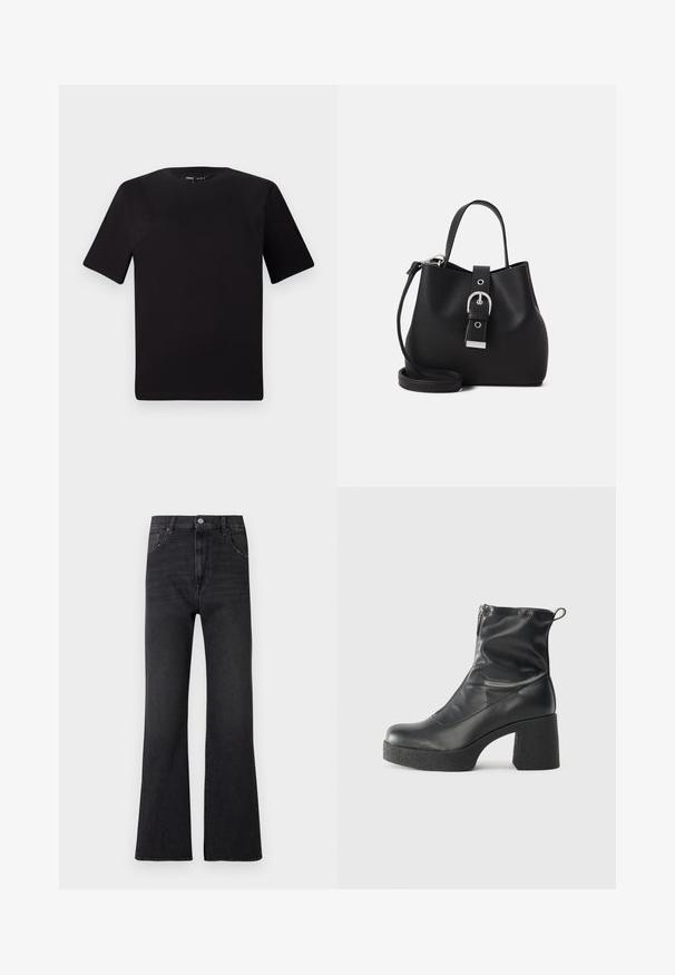 Fekete, rövid ujjú póló, kerek nyakkal, puha pamutból készült. Egyszerű dizájn, nincs látható logó vagy minta.; Fekete, szárban bővülő farmernadrág farmer anyagból, magas derékkal, két első zsebbel és enyhe kifakulással. Öt övre való hurok és klasszikus fém patentzár.; Fekete bokacsizmák sima bőrből, oldalsó cipzárral, vastag, texturált sarkú és lekerekített orrú dizájnnal.; Fekete, sima bőrből készült vödör táska, amely strukturált formával, rövid fogantyúval és levehető vállpánttal rendelkezik. Ezüst csat részlet.