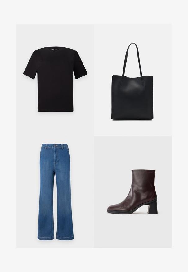 Zwarte T-shirt met korte mouwen en een ronde hals, gemaakt van zachte katoenstof. Eenvoudig ontwerp, geen zichtbare logo's of patronen.; Brede blauwe spijkerbroek met hoge taille, voorzien van een knoopsluiting, vijf zakken en een vervaagde textuur.; Donkerbruin leren enkellaarsje met een blokhak en ronde neus, weergegeven op een effen lichtgrijze achtergrond.; Zwarte leren handtas met een gladde textuur, rechthoekige vorm en twee lange handvaten. Geen zichtbare hardware of versieringen.