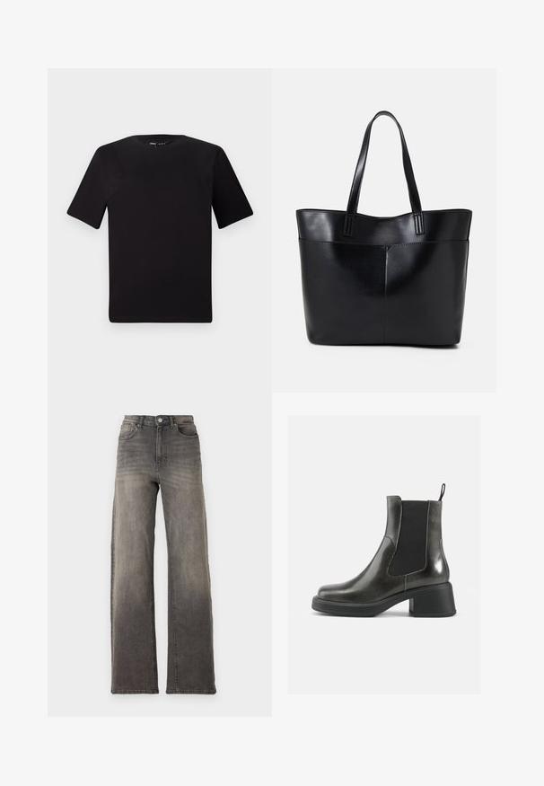 Crna majica kratkih rukava s okruglim izrezom, izrađena od mekane pamučne tkanine. Jednostavan dizajn, bez vidljivih logotipa ili uzoraka.; Traperice od sive denima visokog struka s labavim, širokim krojem. Imaju klasičan dizajn s pet džepova i blago izblijedjeli izgled.; Crne kožne gležnjače s glatkom završnom obradom, elastičnim bočnim panelima i debelim potplatom. Imaju kuku za lakše obuvanje.; Crna kožna torba s dugim ručkama, glatkom teksturom i strukturiranim oblikom. Ima prednju džep za dodatno pohranu.
