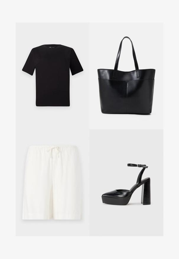 Tricou scurt negru cu mânecă scurtă și guler rotund, realizat dintr-un material de bumbac moale. Design simplu, fără logo-uri sau modele vizibile.; Shorts albe din in cu talie elastică și șnur, având o croială lejeră și două buzunare laterale. Textură netedă, design simplu.; Pantofi cu toc platformă negri, cu vârful ascuțit și curea reglabilă la gleznă. Confecționați din piele netedă, având un toc gros.; Geantă oversized din piele neagră, cu două mânere lungi, de textură netedă și formă structurată. Are un buzunar frontal pentru stocare suplimentară.