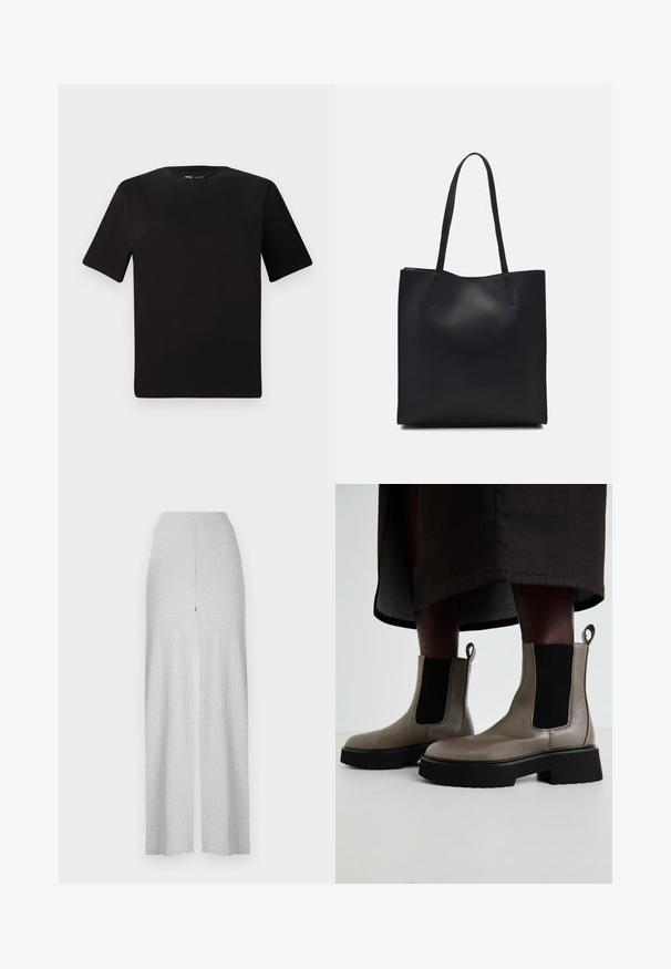 Melnas īsām piedurknēm T-krekls ar apaļu kakla izgriezumu, izgatavots no mīksta kokvilnas auduma. Vienkāršs dizains, bez redzamām logo vai rakstiem.; Gaiši pelēkas ribotas platā kāju bikses ar augstu jostu un priekšējo šķelšanos. Izgatavotas no mīkstas auduma ar gludu tekstūru.; Pelēki potītes zābaki, kas izgatavoti no teksturētas ādas, ar elastīgām sānu paneļām un masīvu melnu zoli. Ar vilkšanas cilpām vieglai uzvilkšanai.; Melnas ādas somiņa ar gludu tekstūru, taisnstūra formu un divām garām rokturiem. Nav redzamu aparatūras vai rotājumu.