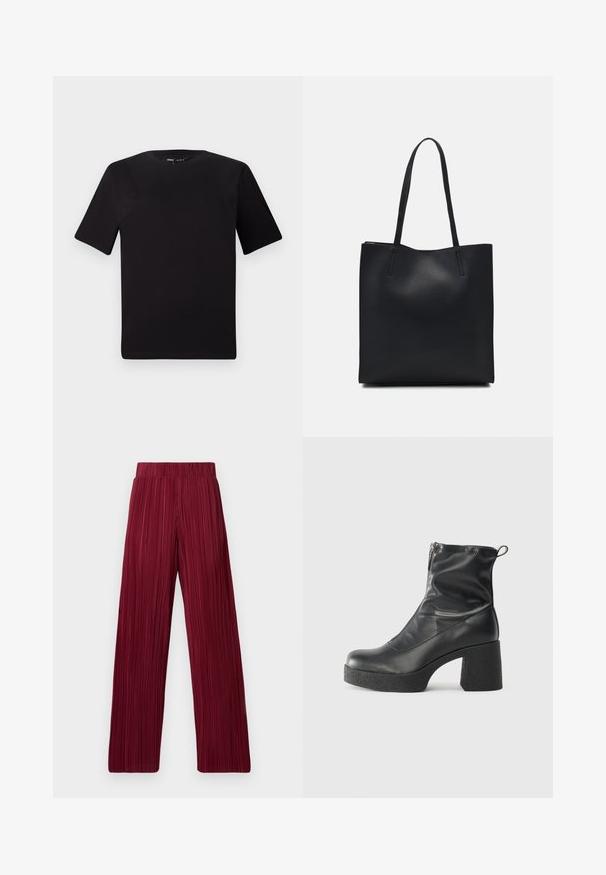 Black short-sleeve t-shirt with a round neckline, crafted from soft cotton fabric. Simple design, no visible logos or patterns.; Maroon pleated wide-leg pants with an elastic waistband. Textured fabric features vertical stripes. Straight cut to the hem.; Black ankle boots made of smooth leather, featuring a side zipper, chunky textured heel, and rounded toe design.; Black leather tote bag with smooth texture, rectangular shape, and two long handles. No visible hardware or embellishments.
