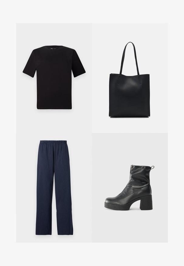 Čierne tričko s krátkym rukávom a okrúhlym výstrihom, vyrobené z mäkkej bavlny. Jednoduchý dizajn, bez viditeľných log alebo vzorov.; Námornícko modré nohavice s širokými nohavicami a prúžkovým vzorom, s elastickým pásom a hladkou textúrou.; Čierne členkové topánky z hladkej kože, so bočným zipsom, robustnou textúrovanou pätnou časťou a zaobleným dizajnom špičky.; Čierna kožená taška na rameno s hladkým povrchom, obdĺžnikovým tvarom a dvoma dlhými uchami. Bez viditeľného kovania alebo ozdôb.
