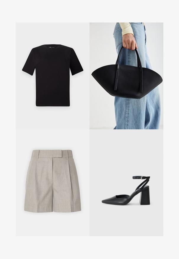 T-shirt noir à manches courtes avec un col rond, fabriqué en coton doux. Design simple, sans logos ni motifs visibles.; Shorts gris clair avec une ceinture structurée, des plis et une coupe décontractée en lin lisse. Design simple et polyvalent.; Escarpin noir en cuir à bout pointu avec une bride de cheville et un talon épais. Texture lisse, design élégant et esthétique minimaliste.; Sac à main en cuir noir avec une forme de éventail unique, doté de poignées plates. La surface présente une texture granuleuse et un design minimaliste.