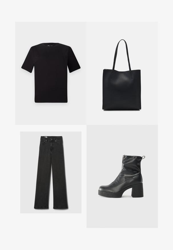 Juodas trumpas rankovės marškinėlis su apvaliu iškirpimu, pagamintas iš minkštos medvilnės medžiagos. Paprastas dizainas, be matomų logotipų ar raštų.; Juodos aukšto juosmens tiesios kojos džinsai su penkiomis kišenėmis ir vario kniedėmis, ištiesti ant šviesiai pilkos fono.; Juodos kulkšninių botai, pagaminti iš lygaus odos, su šoniniu užtrauktuku, masyviu tekstūruotu kulnu ir apvaliu pirštu.; Juodas odinis tote krepšys su lygia tekstūra, stačiakampio formos ir dviem ilgais rankenomis. Matomų metalinių detalių ar puošybos nėra.