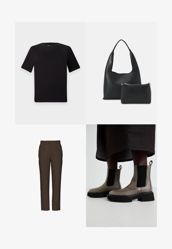 Black short-sleeve t-shirt with a round neckline, crafted from soft cotton fabric. Simple design, no visible logos or patterns.; Brown tailored trousers with a textured fabric. Features a front pleat, button closure, and a straight cut, designed for a slim fit.; Gray ankle boots made of textured leather with elastic side panels and a chunky black sole. Features pull tabs for easy wear.; Even&Odd Handbag - black