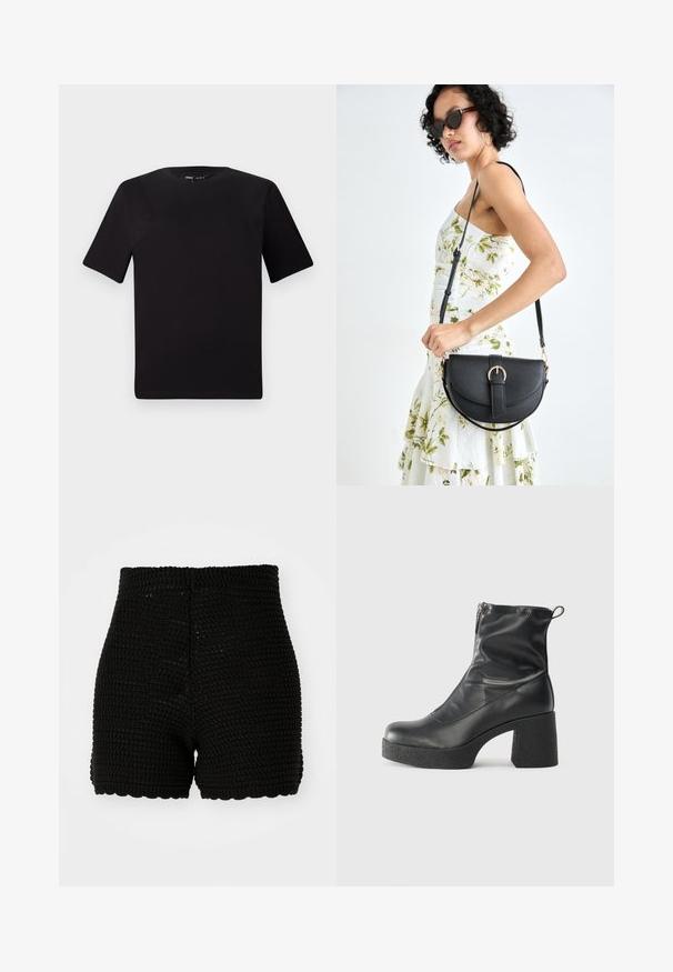 Black short-sleeve t-shirt with a round neckline, crafted from soft cotton fabric. Simple design, no visible logos or patterns.; Black crochet shorts with a ribbed texture, high waistband, and scalloped hem. Designed for a fitted silhouette and breathable material.; Black ankle boots made of smooth leather, featuring a side zipper, chunky textured heel, and rounded toe design.; Black leather handbag with a curved shape, detachable strap, and gold hardware. The bag features a flap with a buckle detail.