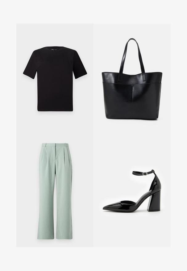 T-shirt noir à manches courtes avec un col rond, fabriqué en coton doux. Design simple, sans logos ni motifs visibles.; Pantalons larges vert clair avec plis, présentant une texture douce et une ceinture traditionnelle. Le tissu semble léger et doux.; Chaussure à talon haut en cuir verni noir avec un bout pointu, une bride de cheville et un large talon bloc pour la stabilité, présentant une texture lisse et brillante.; Sac fourre-tout en cuir noir avec deux longues poignées, une texture lisse et une forme structurée. Dispose d'une poche avant pour un rangement supplémentaire.