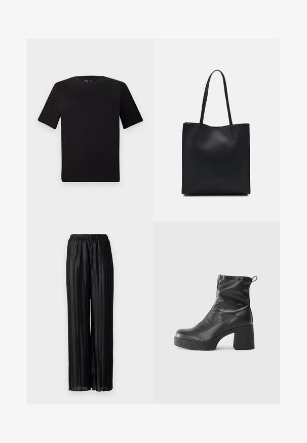 Crna majica kratkih rukava s okruglim izrezom, izrađena od mekane pamučne tkanine. Jednostavan dizajn, bez vidljivih logotipa ili uzoraka.; Crne plisirane hlače širokih nogavica s elastičnim pojasom, izrađene od sjajnog materijala koji naglašava teksturu i pada.; Crne gležnjače od glatke kože, s bočnim zatvaračem, debelim teksturiranim potplatom i dizajnom s zaobljenim prstima.; Crna kožna torba za nošenje s glatkom teksturom, pravokutnim oblikom i dvije duge ručke. Nema vidljivih metalnih dijelova ili ukrasa.