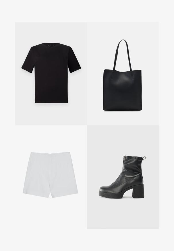 Svart kortärmad t-shirt med rund halsringning, tillverkad i mjukt bomullstyg. Enkelt mönster, utan synliga logotyper eller mönster.; Vita shorts med skräddarsydd design, slät fron, två sidofickor och en ren fåll. Tillverkade av ett glatt tyg utan synliga mönster.; Svarta ankelstövlar i slitstark läder, med sidodragkedja, kraftig strukturerad klack och rundad tådesign.; Svart lädertoffelväska med slät textur, rektangulär form och två långa handtag. Ingen synlig hårdvara eller dekorationer.