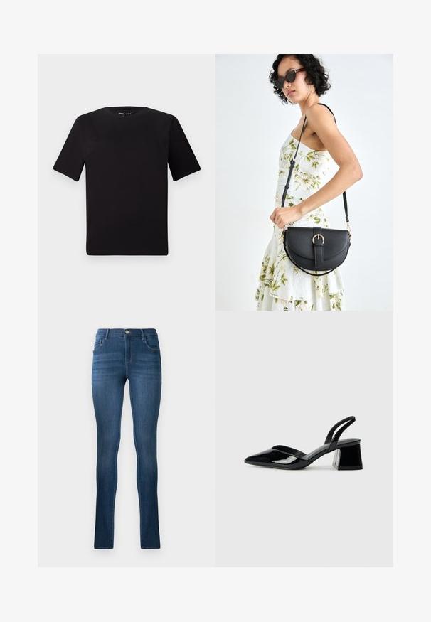 T-shirt preta de mangas curtas com decote redondo, feita de tecido de algodão suave. Design simples, sem logótipos ou padrões visíveis.; Jeans justos em denim azul escuro, com uma cintura alta, design clássico de cinco bolsos e desbotamento sutil. Inclui fecho de botão metálico.; Sandy em verniz preto com salto slingback, ponta afilada e salto geométrico. Apresenta um design elegante e minimalista com textura suave.; Bolsa de couro preta com forma curva, alça destacável e detalhes em dourado. A bolsa possui uma aba com detalhe de fivela.