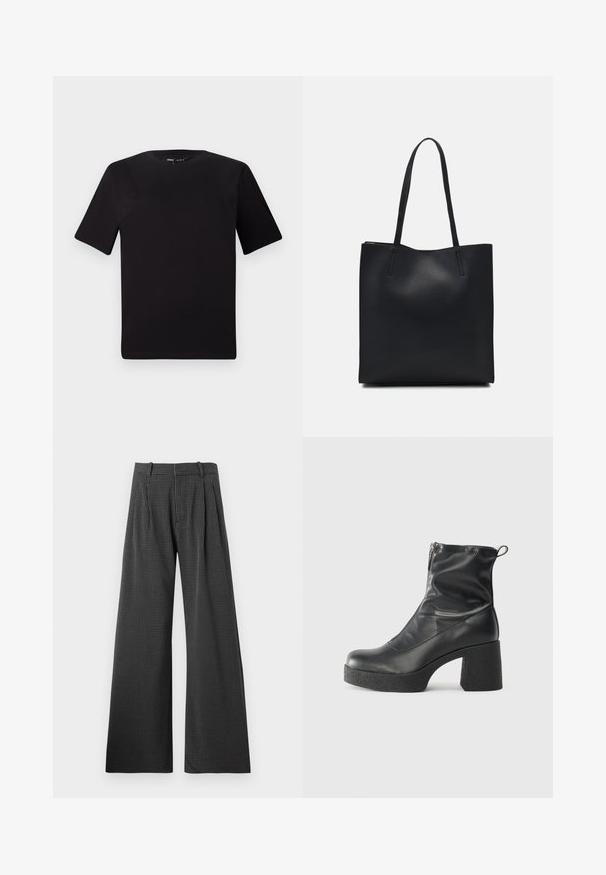 Črna majica s kratkimi rokavi in okroglim izrezom, izdelana iz mehkega bombažnega materiala. Preprost dizajn, brez vidnih logotipov ali vzorcev.; Črno-bela houndstooth široka hlača s sprednjimi plitvicami. Narejena iz teksturirane tkanine, ki vključuje natančno oblikovan pas in žepke.; Črne gležnjarje iz gladke kože z božnim zadrgo, masivnim teksturiranim peto in zaobljeno obliko prstov.; Črna usnjena torba s svilnato teksturo, pravokotne oblike in dvema dolgima ročajema. Brez vidnih metalnih delov ali okrasnih elementov.